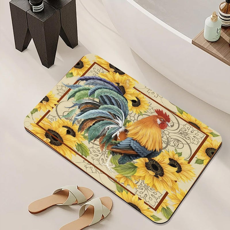 Rooster Bathroom Mat, Sunflower Rooster Bathmat, Rustic Farmhouse Chicken Rugs for Bathroom, Chicken Floral Bath Rug, Diatomaceous Earth Bath Mat, Quick Dry & Non Slip & Washable, 36x60 inch - Image 3