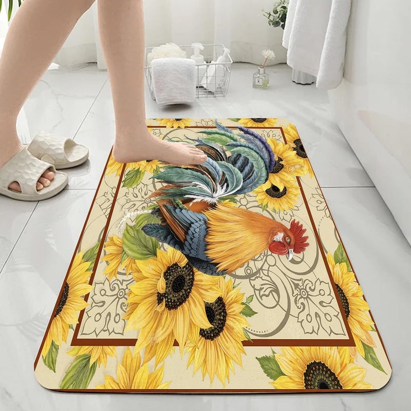 Rooster Bathroom Mat, Sunflower Rooster Bathmat, Rustic Farmhouse Chicken Rugs for Bathroom, Chicken Floral Bath Rug, Diatomaceous Earth Bath Mat, Quick Dry & Non Slip & Washable, 36x60 inch - Image 4