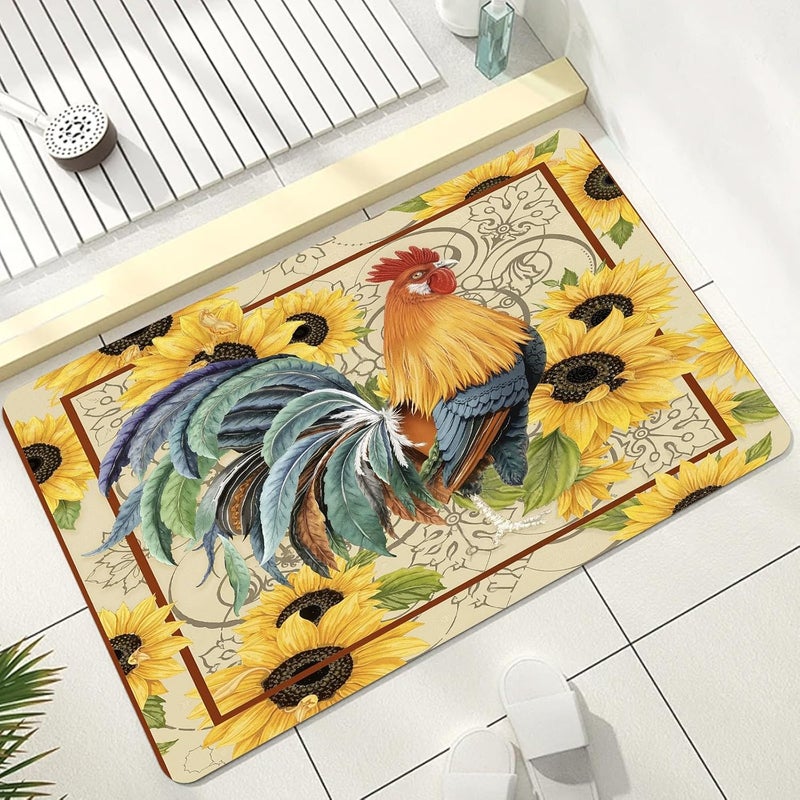 Rooster Bathroom Mat, Sunflower Rooster Bathmat, Rustic Farmhouse Chicken Rugs for Bathroom, Chicken Floral Bath Rug, Diatomaceous Earth Bath Mat, Quick Dry & Non Slip & Washable, 36x60 inch - Image 1