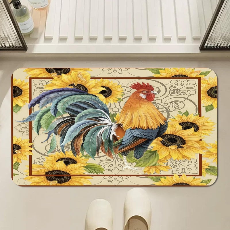 Rooster Bathroom Mat, Sunflower Rooster Bathmat, Rustic Farmhouse Chicken Rugs for Bathroom, Chicken Floral Bath Rug, Diatomaceous Earth Bath Mat, Quick Dry & Non Slip & Washable, 36x60 inch - Image 2