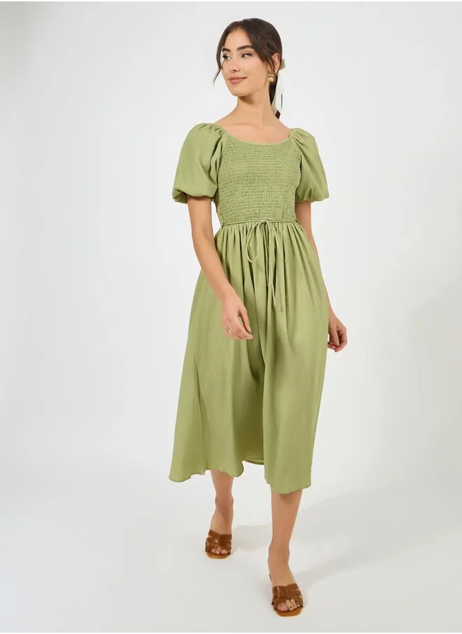 Styli Solid Smocked A-Line Midi Dress
