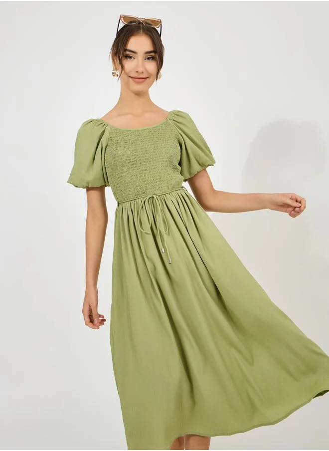 Styli Solid Smocked A-Line Midi Dress