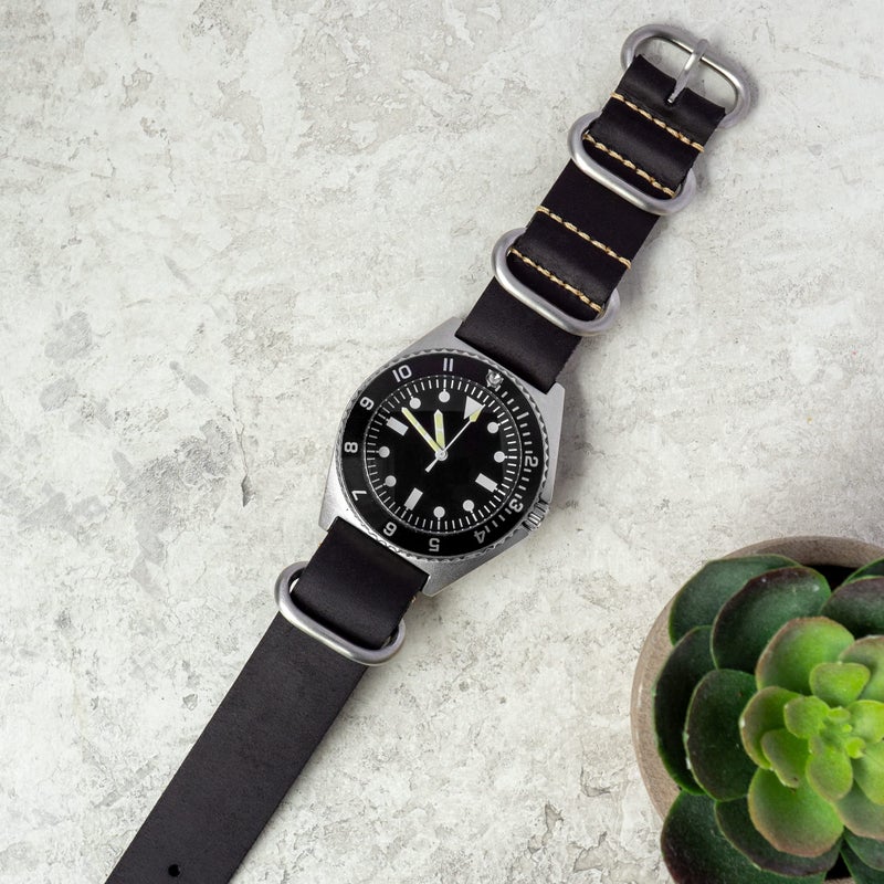 Benchmark Basics Leather Watch Band - Zulu Crazy Horse Oiled Leather One-Piece Watch Strap - 22mm Black - Image 3