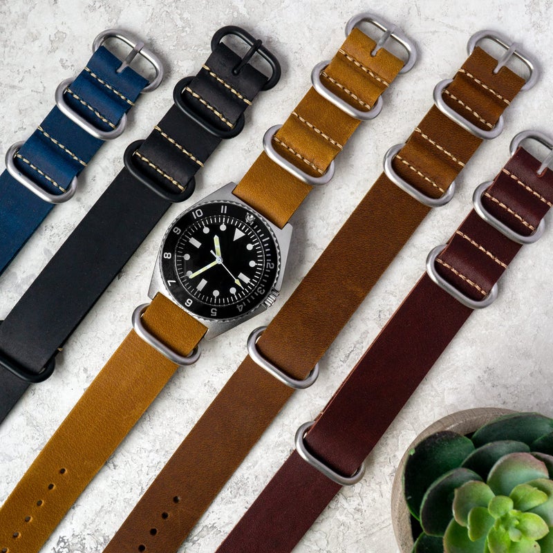 Benchmark Basics Leather Watch Band - Zulu Crazy Horse Oiled Leather One-Piece Watch Strap - 22mm Black - Image 4