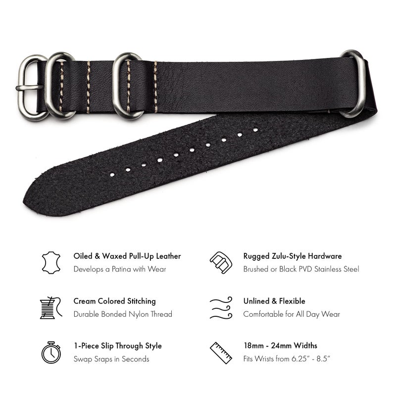 Benchmark Basics Leather Watch Band - Zulu Crazy Horse Oiled Leather One-Piece Watch Strap - 22mm Black - Image 2