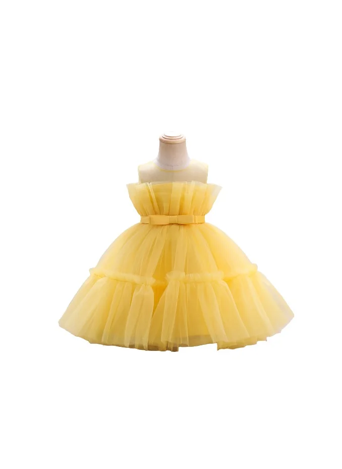 دىدانيالا D' Daniela - Toddler Girls Bow Front Ruffle Hem Mesh Gown Dress Yellow