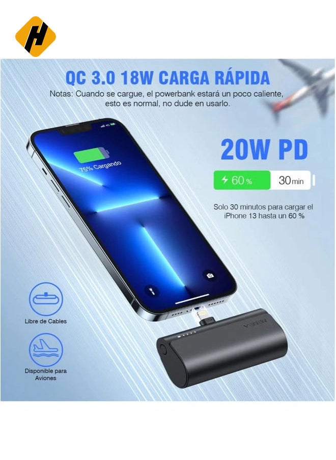 HuHa - Mini Portable Powerbank 5000mAh Fast Charging 20W PD, QC 3.0 External Battery Built-in Plug-in-Use Portable Charger Compatible for iPhone 13/12/11/XR/X/8/7/6/Plus - Image 1