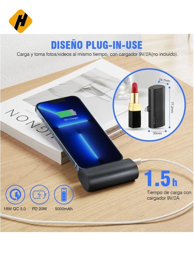 HuHa - Mini Portable Powerbank 5000mAh Fast Charging 20W PD, QC 3.0 External Battery Built-in Plug-in-Use Portable Charger Compatible for iPhone 13/12/11/XR/X/8/7/6/Plus - Image 1