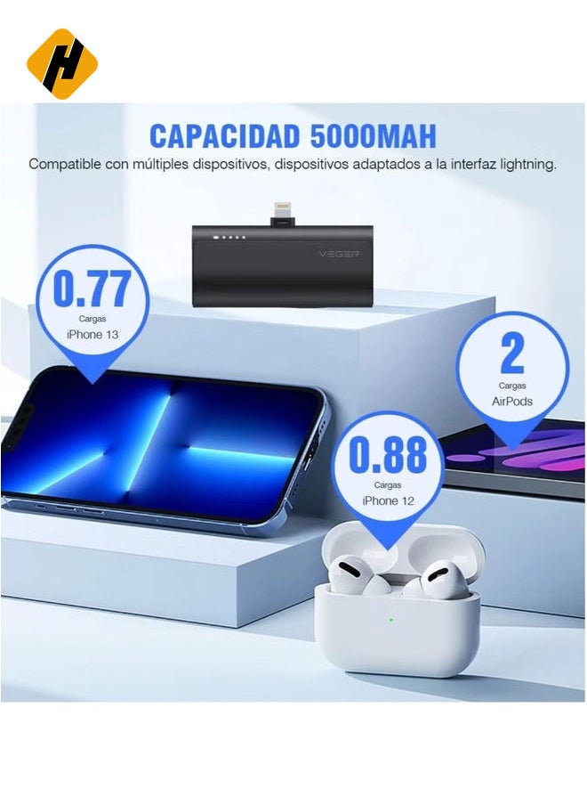 HuHa - Mini Portable Powerbank 5000mAh Fast Charging 20W PD, QC 3.0 External Battery Built-in Plug-in-Use Portable Charger Compatible for iPhone 13/12/11/XR/X/8/7/6/Plus - Image 1