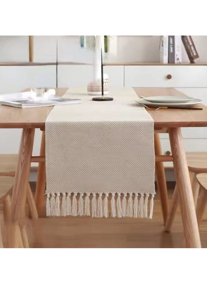 Generic - Natural linen table runner with hand-made macrame design, 150 x 45 cm, a stylish and modern touch for dining tables and interior decoration, beige color - Image 1