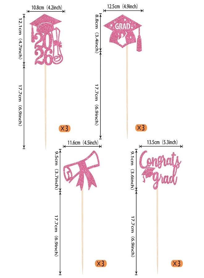Rsstarxi 12 Pack 2026 Graduation Centerpieces Sticks, Double Sided Glitter Class of 2026 Decorations Diploma Cap Table Toppers for Congrats Grad 2026 Graduation Party Decorations Deep Pink - Image 2