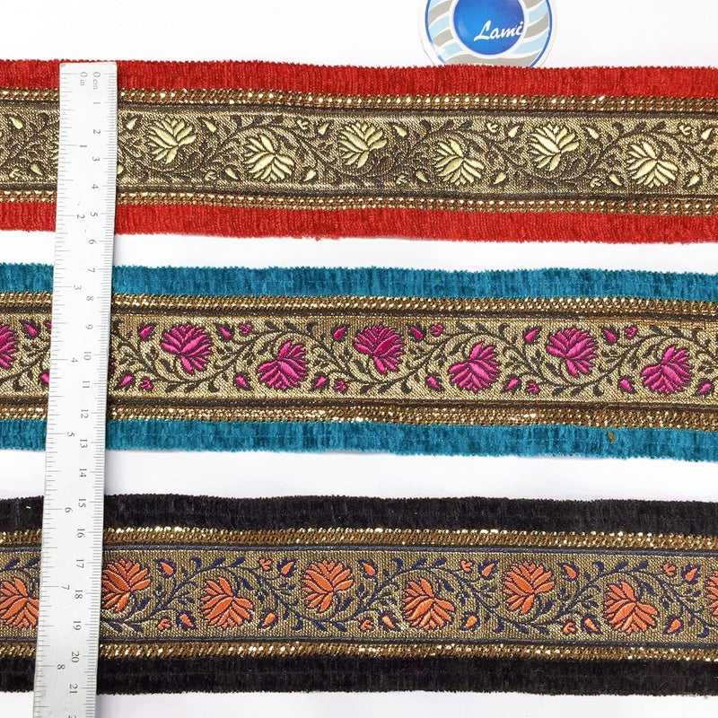 Lami 9 Mete Red & Cream Border Flower Design Weaving Work Lace with Sequins Work, Banarasi Saree Lace Border Trim Ribbons, Bridal Lehenga Saree Dupatta Suit Anarkali Indian Fashion Accessories - Image 4