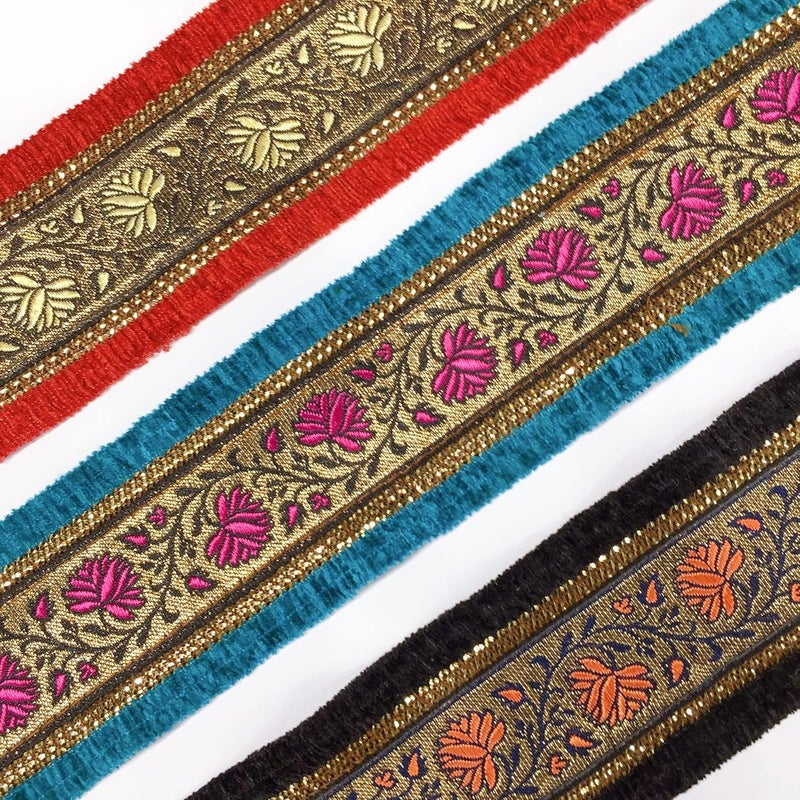 Lami 9 Mete Red & Cream Border Flower Design Weaving Work Lace with Sequins Work, Banarasi Saree Lace Border Trim Ribbons, Bridal Lehenga Saree Dupatta Suit Anarkali Indian Fashion Accessories - Image 3