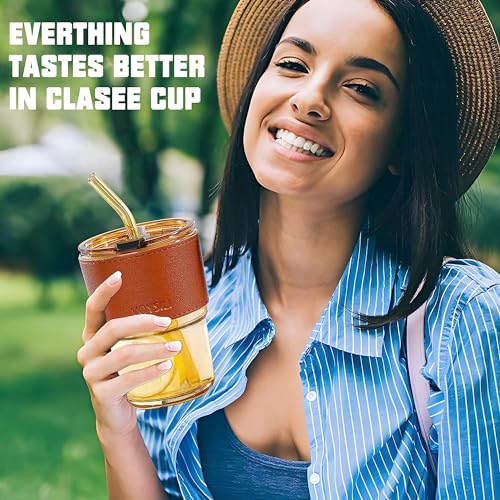 KHOLAD Glass Coffee Tumbler with Airtight Lid and Straw Pack of 1, 390ml Reusable Travel Iced Green Tea Sipper Cute Leakproof Aesthetic Clear Cup Home Office for Juice Smoothie Matcha Mug (Stripe) - Image 2