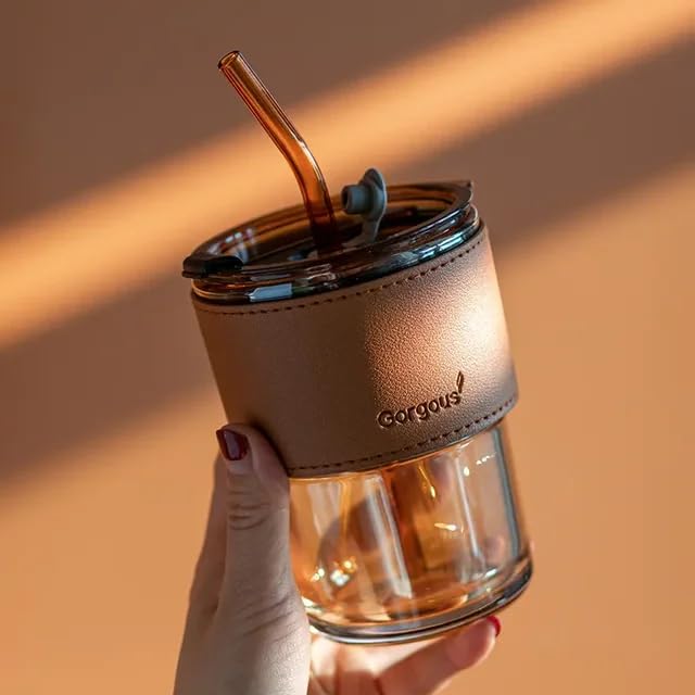 KHOLAD Glass Coffee Tumbler with Airtight Lid and Straw Pack of 1, 390ml Reusable Travel Iced Green Tea Sipper Cute Leakproof Aesthetic Clear Cup Home Office for Juice Smoothie Matcha Mug (Stripe) - Image 3