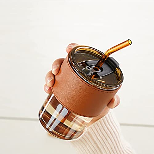 KHOLAD Glass Coffee Tumbler with Airtight Lid and Straw Pack of 1, 390ml Reusable Travel Iced Green Tea Sipper Cute Leakproof Aesthetic Clear Cup Home Office for Juice Smoothie Matcha Mug (Stripe) - Image 1