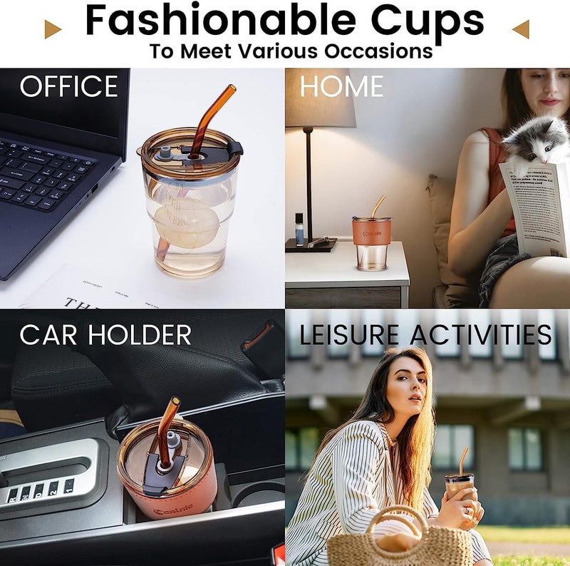 KHOLAD Glass Coffee Tumbler with Airtight Lid and Straw Pack of 1, 390ml Reusable Travel Iced Green Tea Sipper Cute Leakproof Aesthetic Clear Cup Home Office for Juice Smoothie Matcha Mug (Stripe) - Image 5