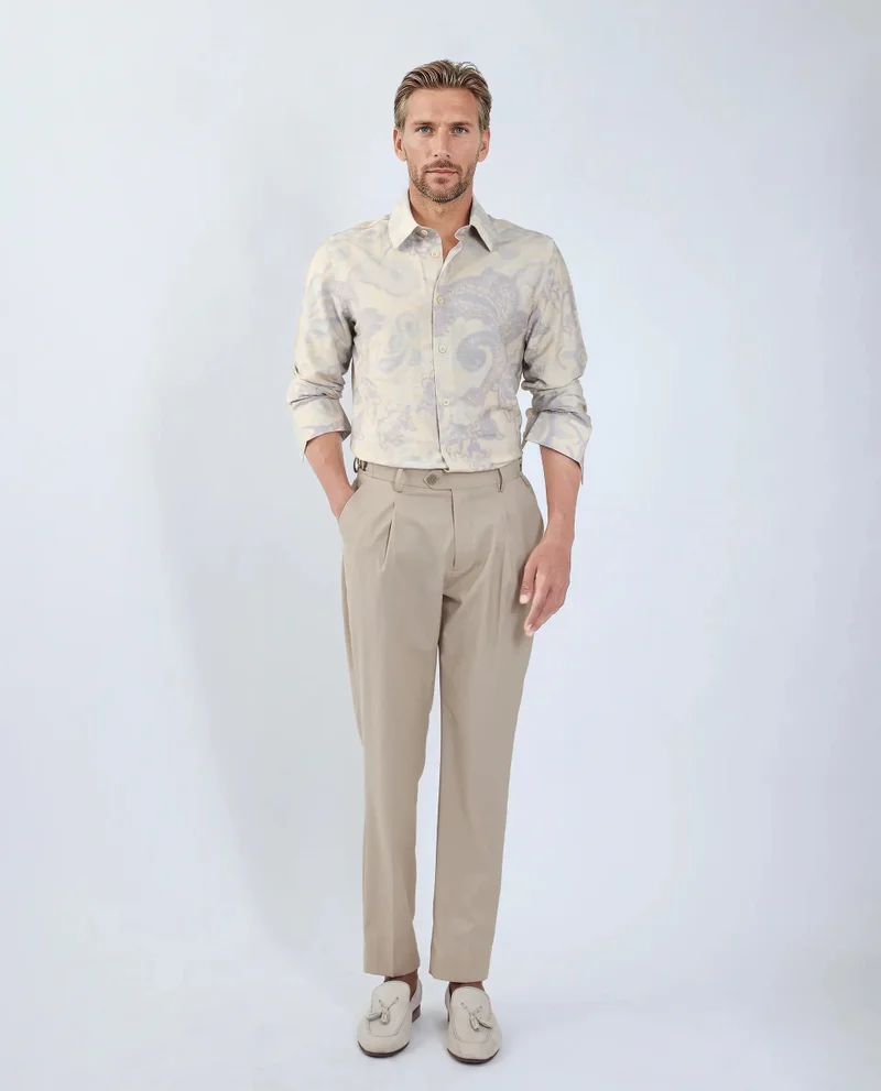 Rare Rabbit Rare Rabbit Men Ami Beige Viscose Fabric Full Sleeve Collared Neck Button Closure Abstract Print Shirt