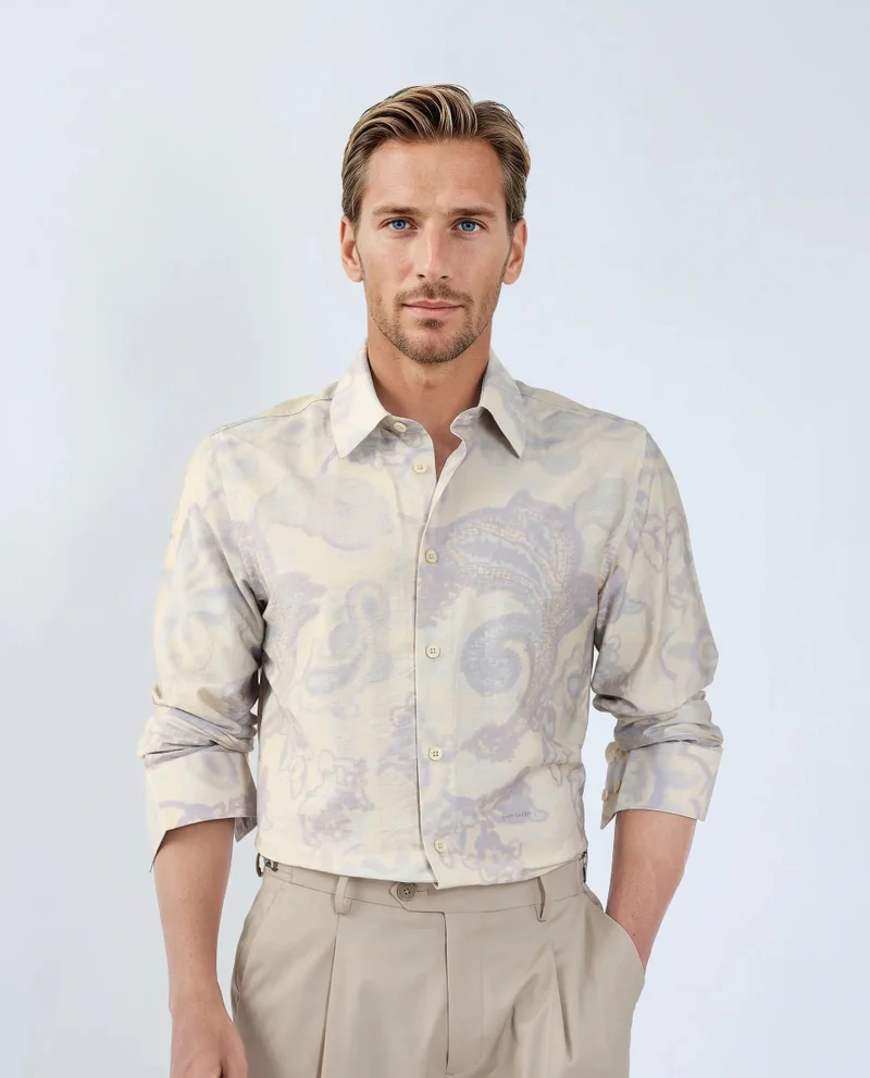 Rare Rabbit Rare Rabbit Men Ami Beige Viscose Fabric Full Sleeve Collared Neck Button Closure Abstract Print Shirt