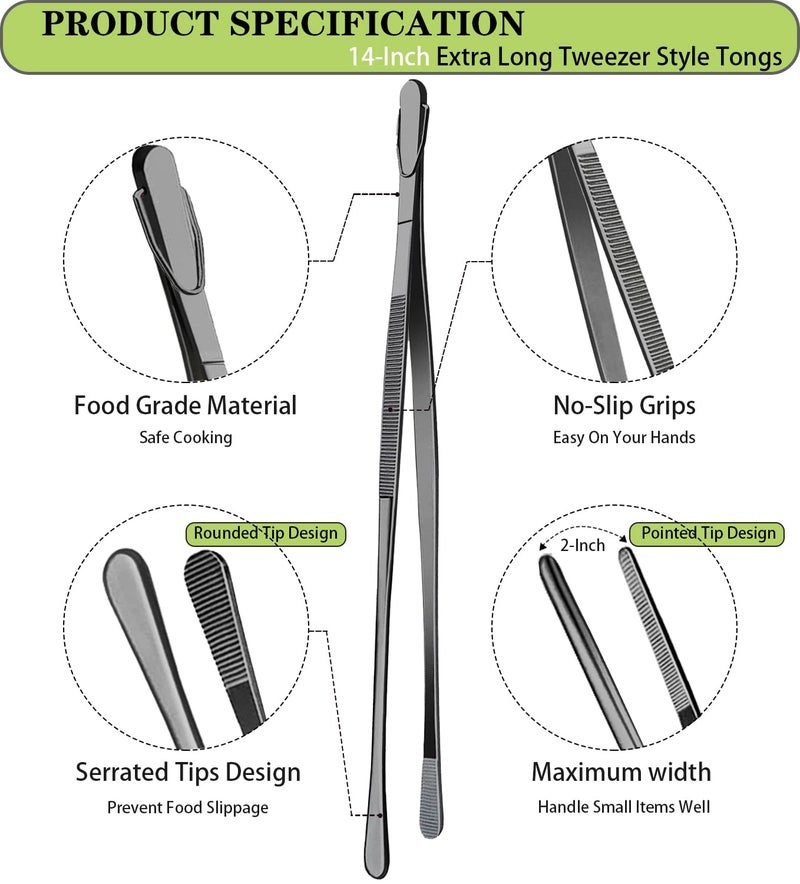 Jetkong 2 Pcs 14-Inch Food Tweezers Stainless Steel Tweezer Tongs Extra-Long Cooking Tweezers (Silver) - Image 2