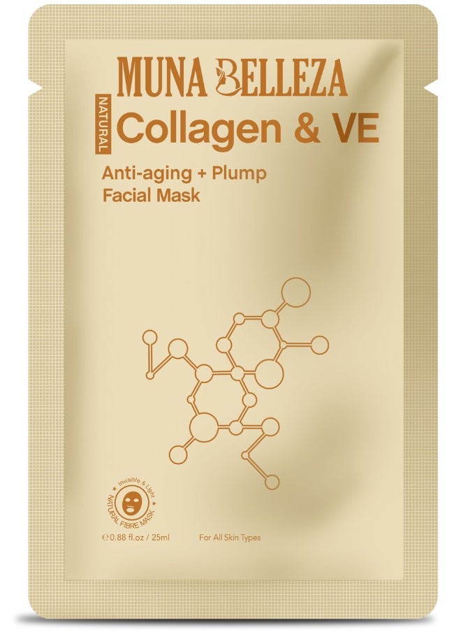 Muna Belleza Collagen & Vitamin E Mask Sheet with Centella Asiatica - Anti-Aging, Plumping, For All Skin Types, Korean Skincare, 25ml 