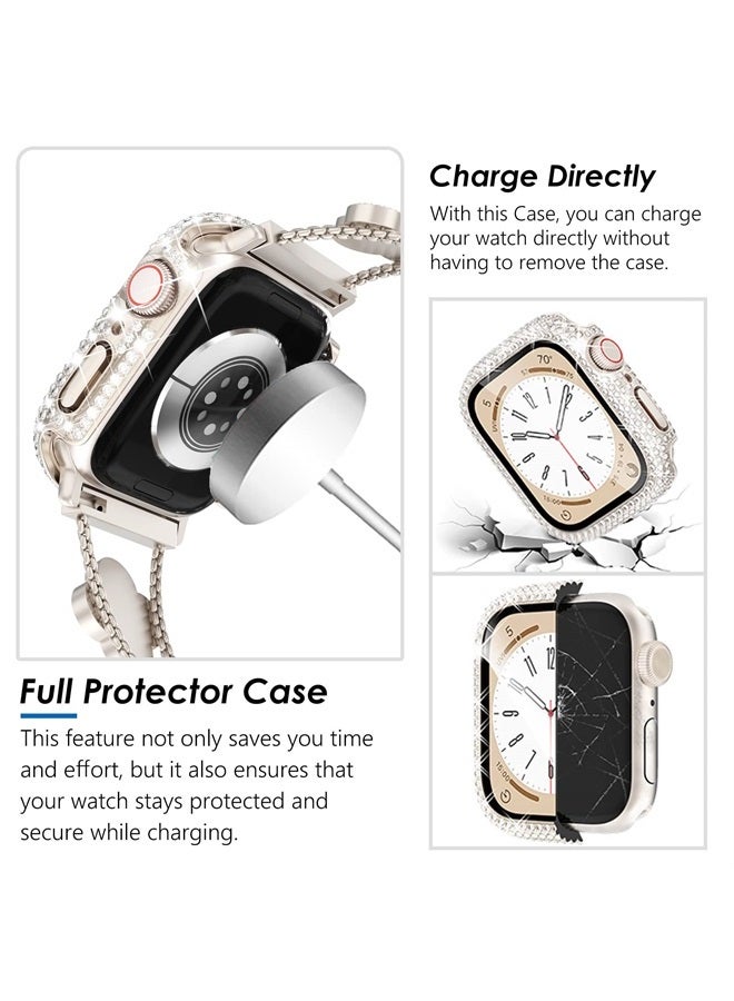 Kades Four-Leaf Clover Band for Apple Watch Band 41mm with Full Diamond Protective Case Built-in Tempered Glass Screen Protector for Starlight Apple Band Series 8 7 for Women(41mm, Starlight/Iridescent) - Image 1