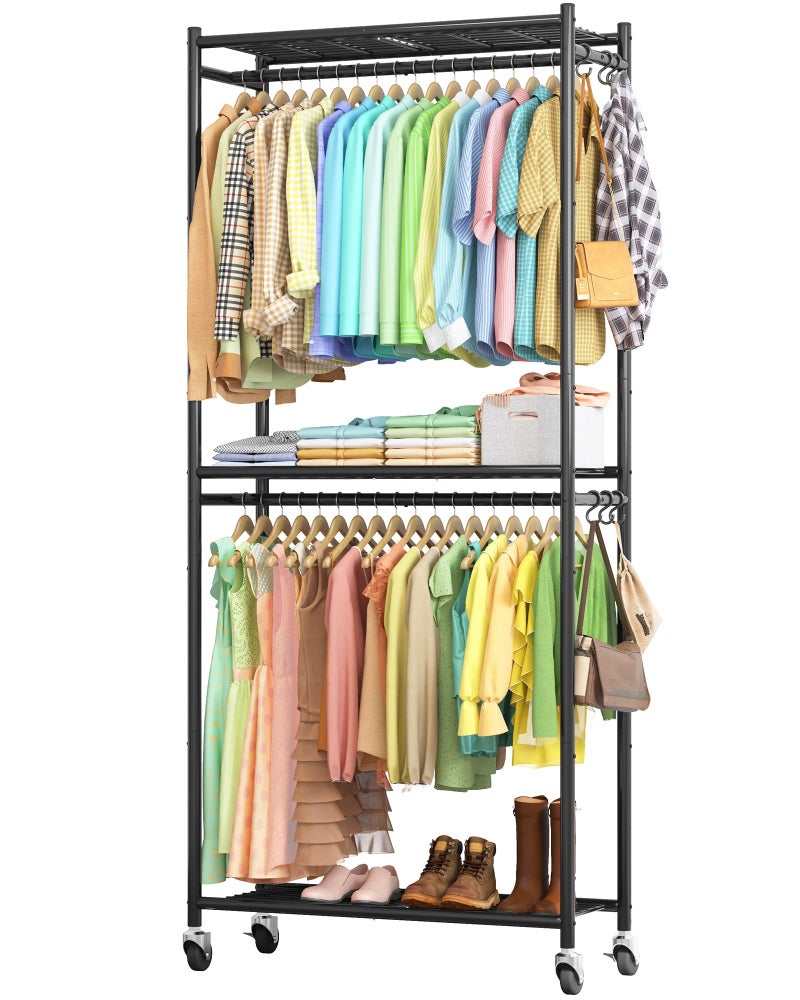 Sakugi Clothes Rack - 33.0" x 12.2" x 79.5" Clothing Rack with Shelves & Wheels, Multi-Functional Wardrobe Closet with Hooks, Sturdy Metal Garment Rack for Bedroom, Laundry, Balcony (Black) - Image 1