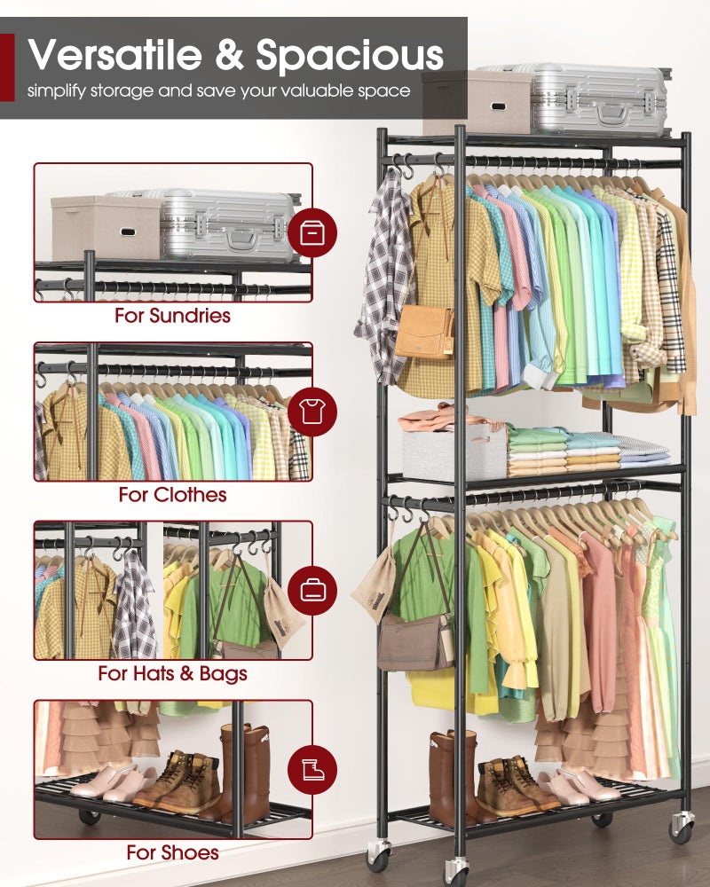 Sakugi Clothes Rack - 33.0" x 12.2" x 79.5" Clothing Rack with Shelves & Wheels, Multi-Functional Wardrobe Closet with Hooks, Sturdy Metal Garment Rack for Bedroom, Laundry, Balcony (Black) - Image 5