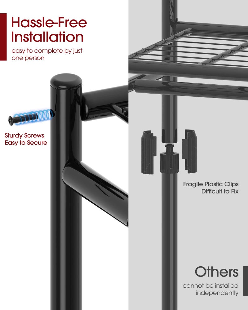 Sakugi Clothes Rack - 33.0" x 12.2" x 79.5" Clothing Rack with Shelves & Wheels, Multi-Functional Wardrobe Closet with Hooks, Sturdy Metal Garment Rack for Bedroom, Laundry, Balcony (Black) - Image 4