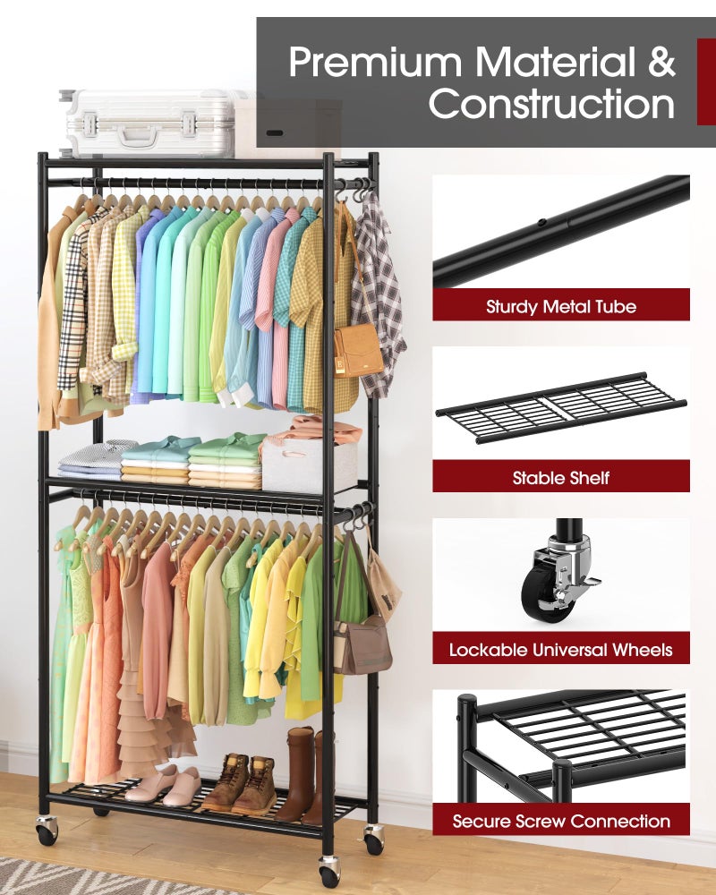Sakugi Clothes Rack - 33.0" x 12.2" x 79.5" Clothing Rack with Shelves & Wheels, Multi-Functional Wardrobe Closet with Hooks, Sturdy Metal Garment Rack for Bedroom, Laundry, Balcony (Black) - Image 3