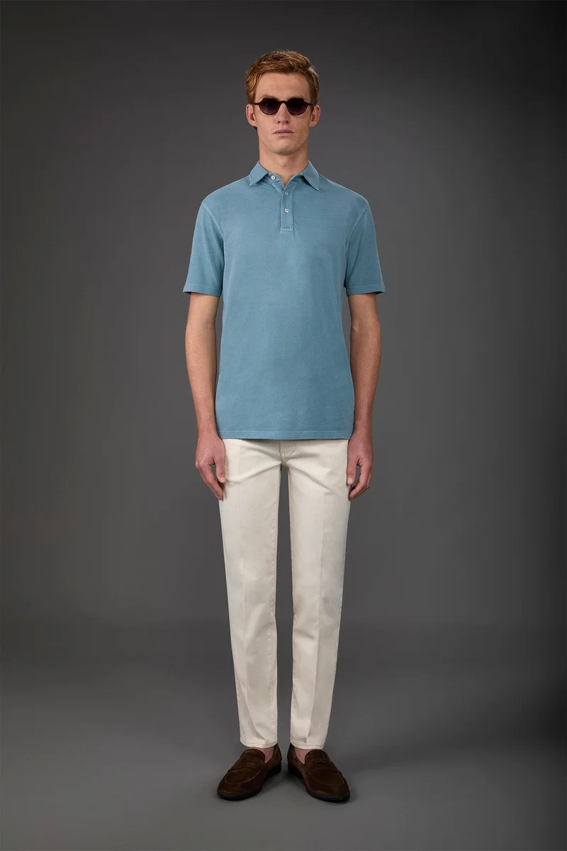 دوبل غانغر Men's short-sleeved polo shirt in cotton pique - Sky