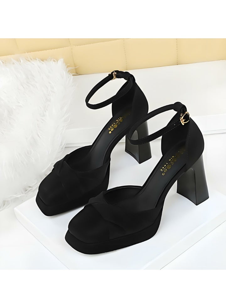 BIGTREE Womens Platform Chunky High Heels Square Closed Toe Pumps With Ankle Strap Black 9CM - Image 1