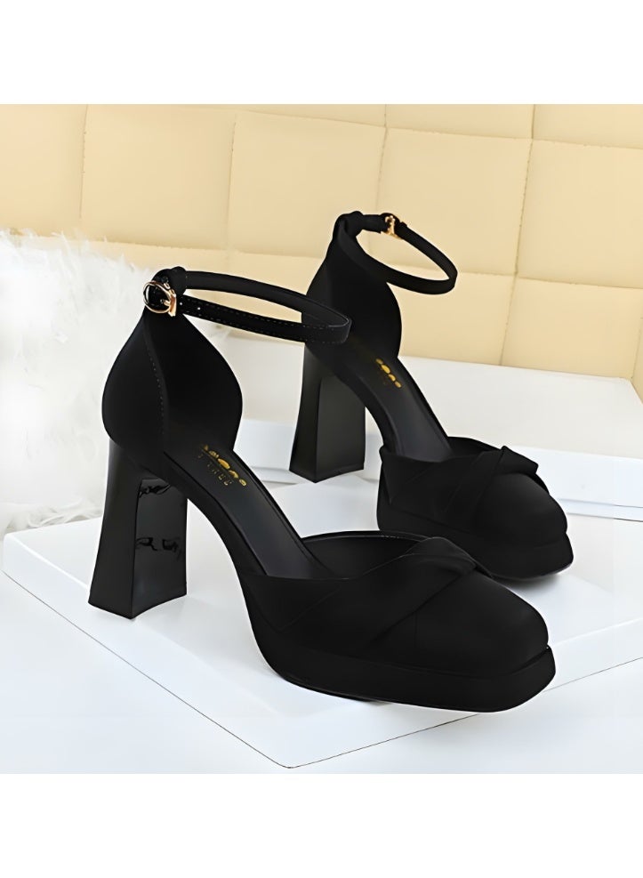 BIGTREE Womens Platform Chunky High Heels Square Closed Toe Pumps With Ankle Strap Black 9CM - Image 2