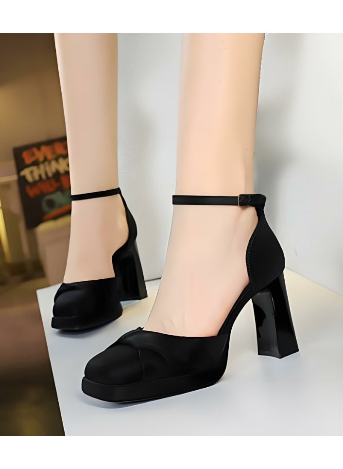 BIGTREE Womens Platform Chunky High Heels Square Closed Toe Pumps With Ankle Strap Black 9CM - Image 3