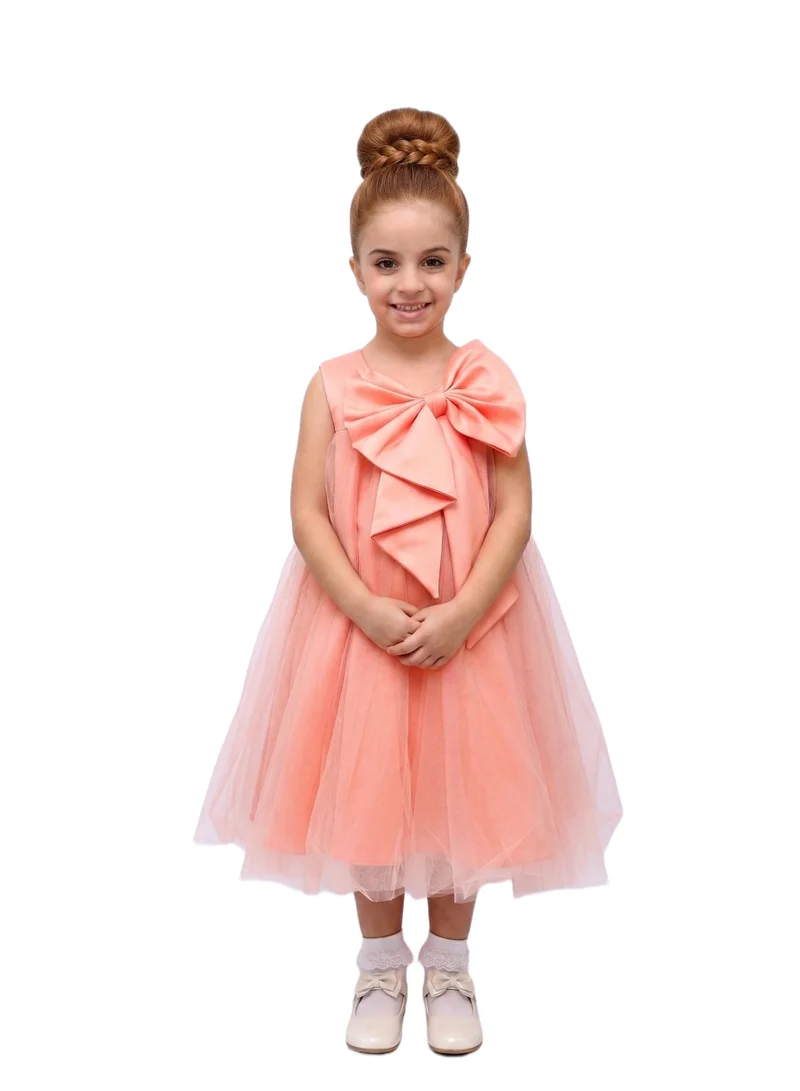 Bidani Shoulder Bow Peach Tulle Party Dress