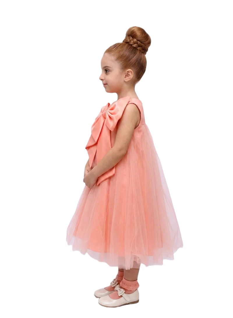 Bidani Shoulder Bow Peach Tulle Party Dress