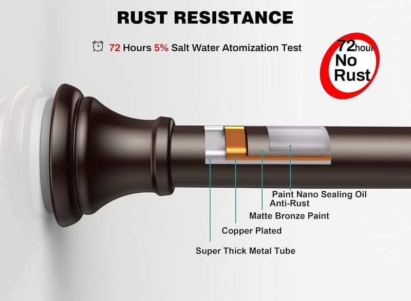 BloomFlower Bronze Shower Curtain Rods,43-72 Inches, Rust Resistance, Adjustable Tension Rod with Durable Spring, No Drilling, Use for Bathroom, Bedroom, Kitchen, Balcony, Home - Image 3