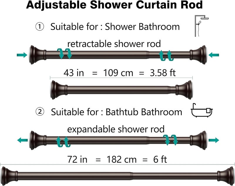BloomFlower Bronze Shower Curtain Rods,43-72 Inches, Rust Resistance, Adjustable Tension Rod with Durable Spring, No Drilling, Use for Bathroom, Bedroom, Kitchen, Balcony, Home - Image 5