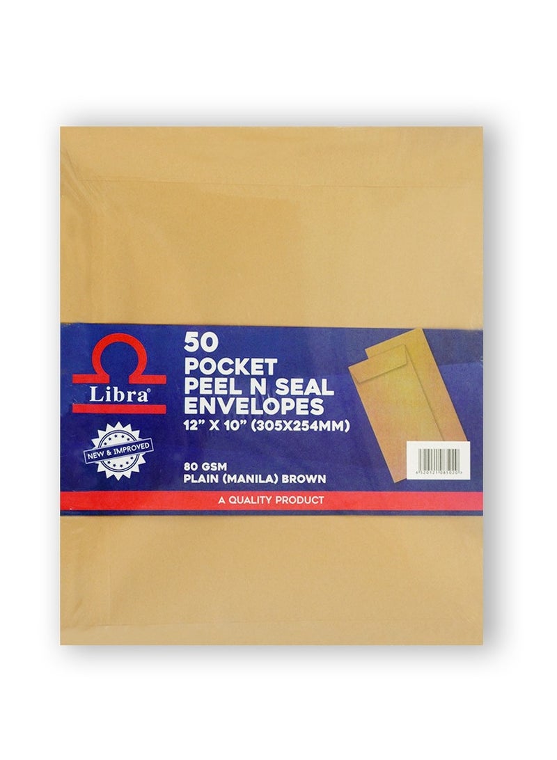 Libra A4 Brown Envelopes, 12×10 – 85GSM (Peel & Seal 50 Pieces Box) - Image 1