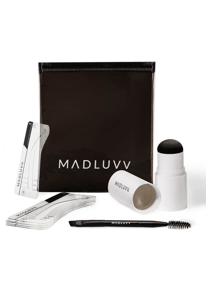 MADLUVV مجموعة قوالب الحواجب - سهلة الاستخدام، مظهر طبيعي، 9 أشكال شائعة، يستخدمها المحترفون - تشمل الطابع، القوالب، فرشاة التمشيط، وحقيبة السفر (تاوب) - Image 1