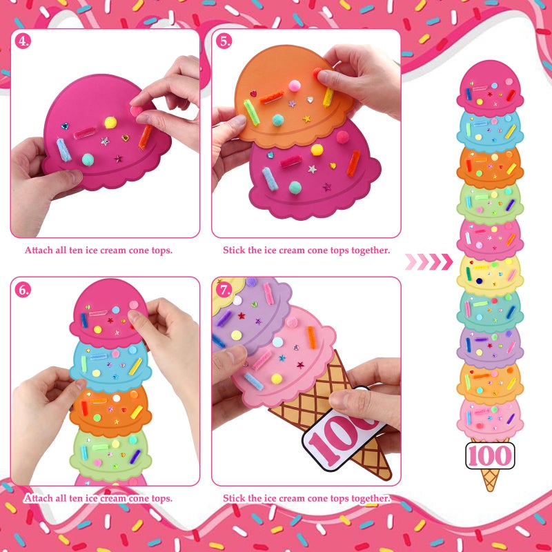 Tinlade 8 Sets 100th Day Ice Cream Count Crafts with 80 Ice Cream Scoops 80 Cone and 800 Sprinkles Accessories Include Gems Stickers Pom-poms Pipe Bulk for 100th Day Crafts Party Activities - Image 4