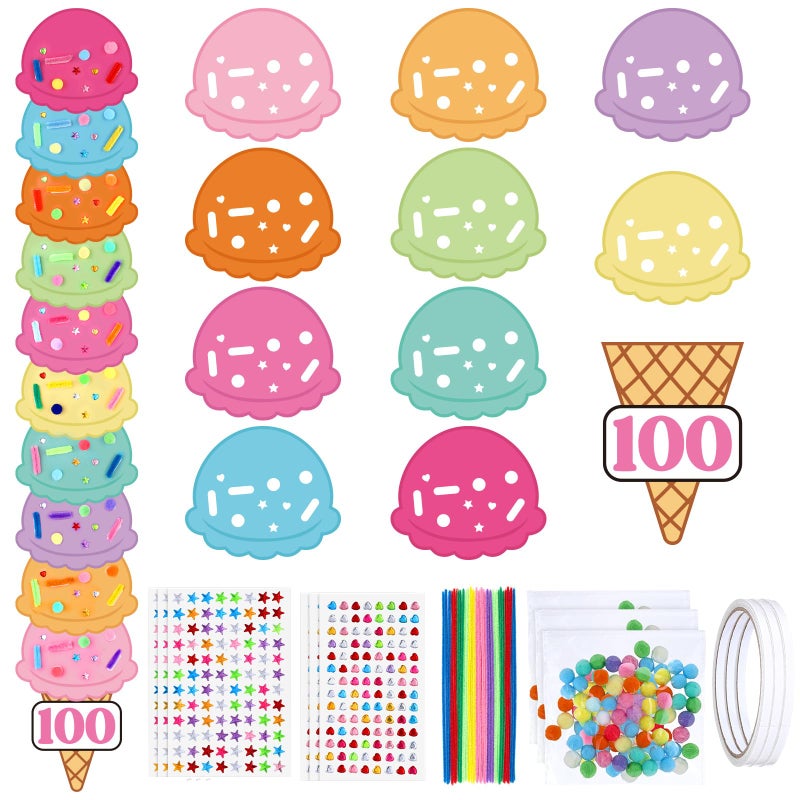 Tinlade 8 Sets 100th Day Ice Cream Count Crafts with 80 Ice Cream Scoops 80 Cone and 800 Sprinkles Accessories Include Gems Stickers Pom-poms Pipe Bulk for 100th Day Crafts Party Activities - Image 1