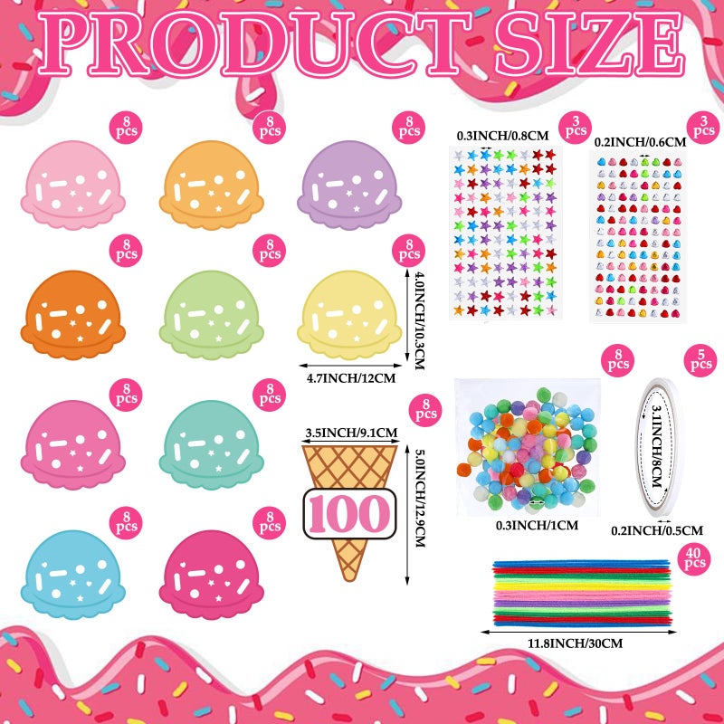 Tinlade 8 Sets 100th Day Ice Cream Count Crafts with 80 Ice Cream Scoops 80 Cone and 800 Sprinkles Accessories Include Gems Stickers Pom-poms Pipe Bulk for 100th Day Crafts Party Activities - Image 2