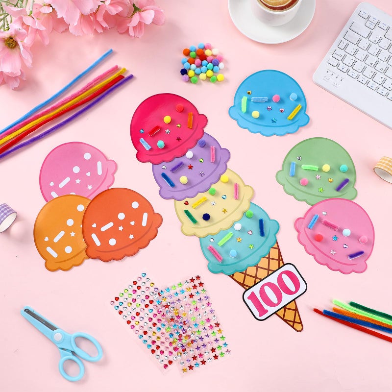 Tinlade 8 Sets 100th Day Ice Cream Count Crafts with 80 Ice Cream Scoops 80 Cone and 800 Sprinkles Accessories Include Gems Stickers Pom-poms Pipe Bulk for 100th Day Crafts Party Activities - Image 5