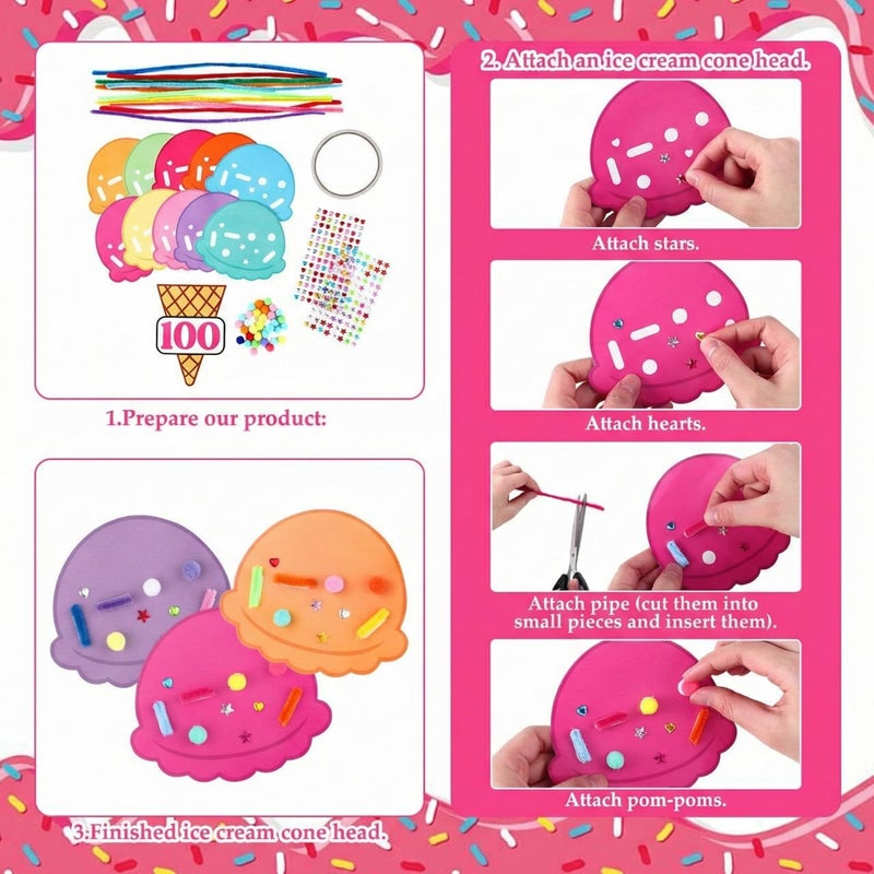 Tinlade 8 Sets 100th Day Ice Cream Count Crafts with 80 Ice Cream Scoops 80 Cone and 800 Sprinkles Accessories Include Gems Stickers Pom-poms Pipe Bulk for 100th Day Crafts Party Activities - Image 3