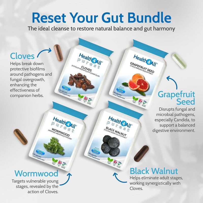 Health4All Strong Intestinal Health Set Grapefruit Seed Extract Wormwood Black Walnut Cloves 4x90 360 Capsules Candida Overgrowth Cleanse Detox Antifungal Vegan Supplement Made in UK - Image 3