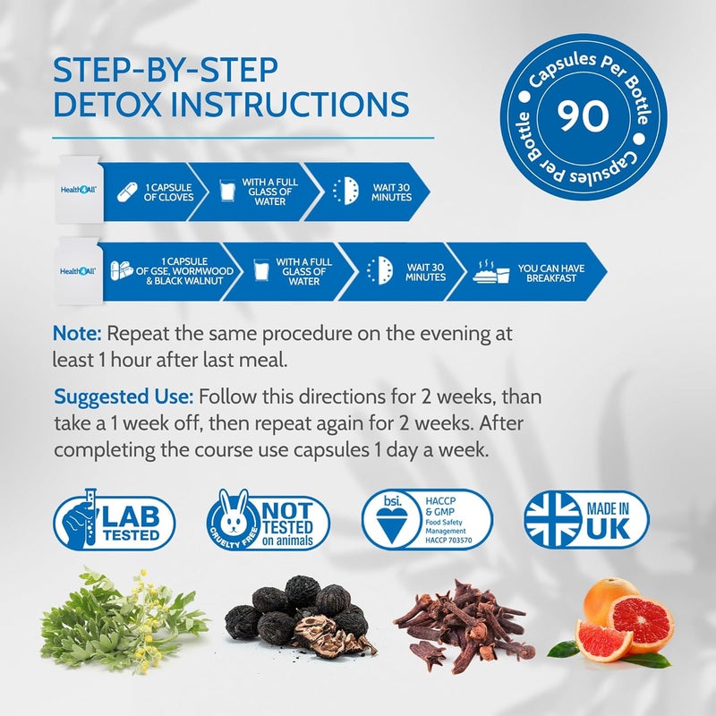 Health4All Strong Intestinal Health Set Grapefruit Seed Extract Wormwood Black Walnut Cloves 4x90 360 Capsules Candida Overgrowth Cleanse Detox Antifungal Vegan Supplement Made in UK - Image 4