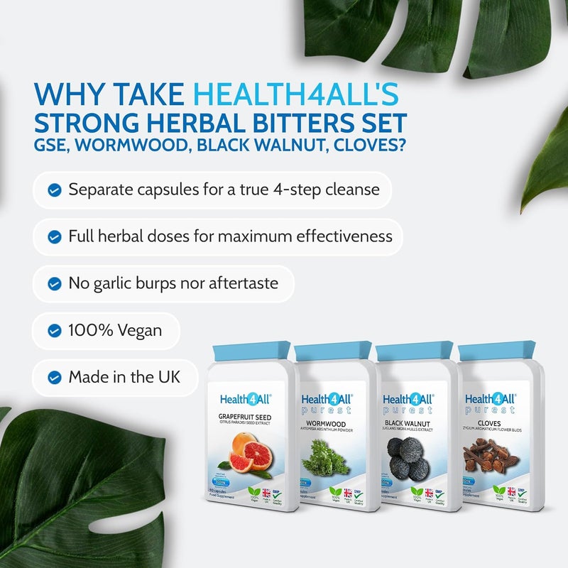 Health4All Strong Intestinal Health Set Grapefruit Seed Extract Wormwood Black Walnut Cloves 4x90 360 Capsules Candida Overgrowth Cleanse Detox Antifungal Vegan Supplement Made in UK - Image 2