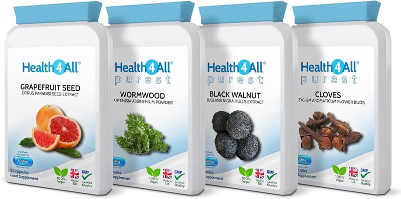 Health4All Strong Intestinal Health Set Grapefruit Seed Extract Wormwood Black Walnut Cloves 4x90 360 Capsules Candida Overgrowth Cleanse Detox Antifungal Vegan Supplement Made in UK - Image 1