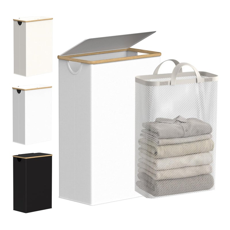 efluky Slim Laundry Basket with Lid, Narrow Laundry Hamper with Removable Bag, Skinny Dirty Clothes Basket with Bamboo Handles for Bathroom, Bedroom & Laundry Room, 75L White - Image 1